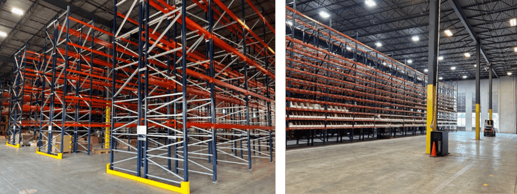 Photos of a new racking system installed in an automotive warehouse.